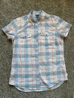 Eddie Bauer Light Blue and White Plaid Short-Sleeve Button Shirt